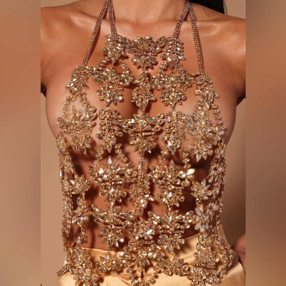 Fashion Nova Celeste Embelished Rhinestone Gold Top NWT